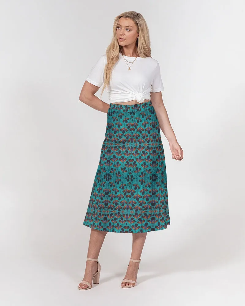 Teal Black African Print Women's A-Line Midi Skirt