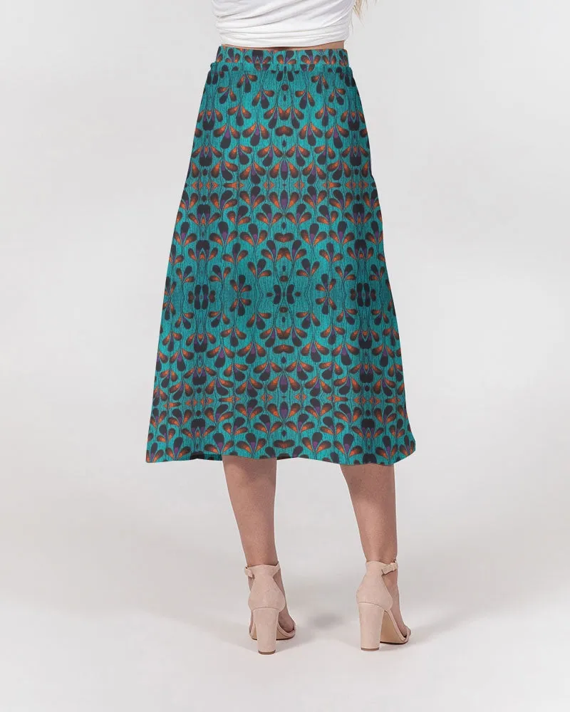 Teal Black African Print Women's A-Line Midi Skirt