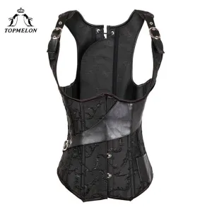 TOPMELON Gothic Vintage Corset Women's Black Underbust Bustier Corselet Steampunk Retro Slimming Bkned Floral Tops Vest