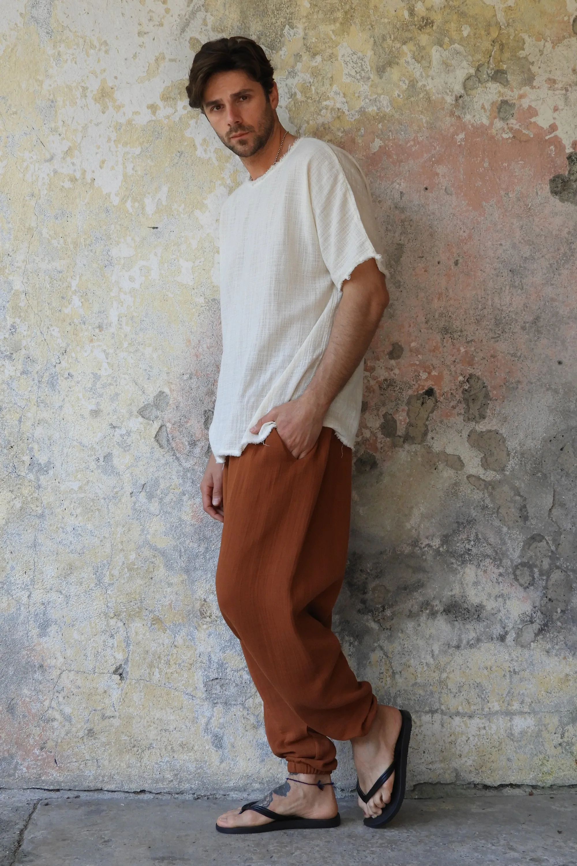 TRIBAL Men's Gauze Cotton Harem Pants (Brown, Gray)