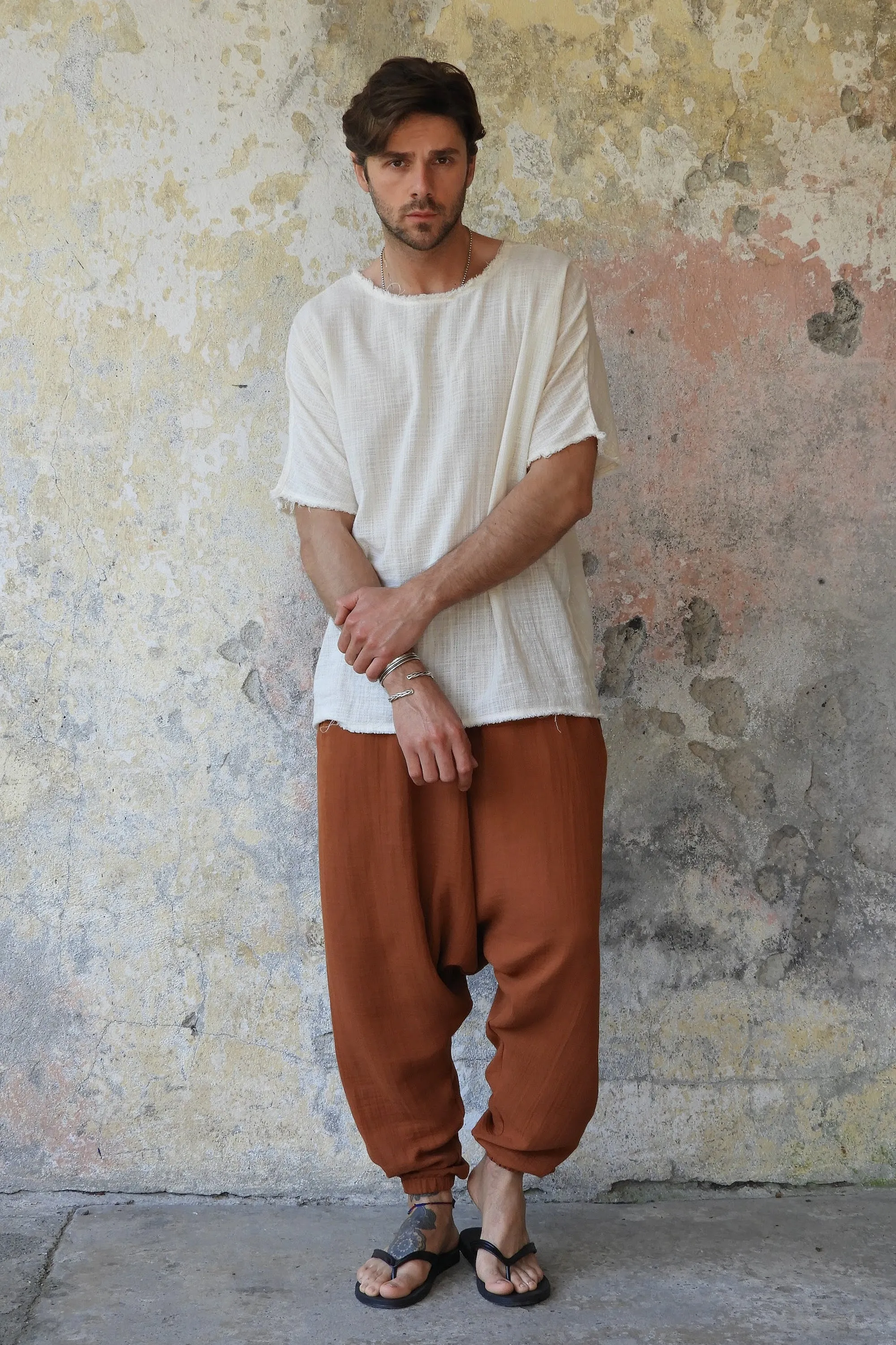 TRIBAL Men's Gauze Cotton Harem Pants (Brown, Gray)