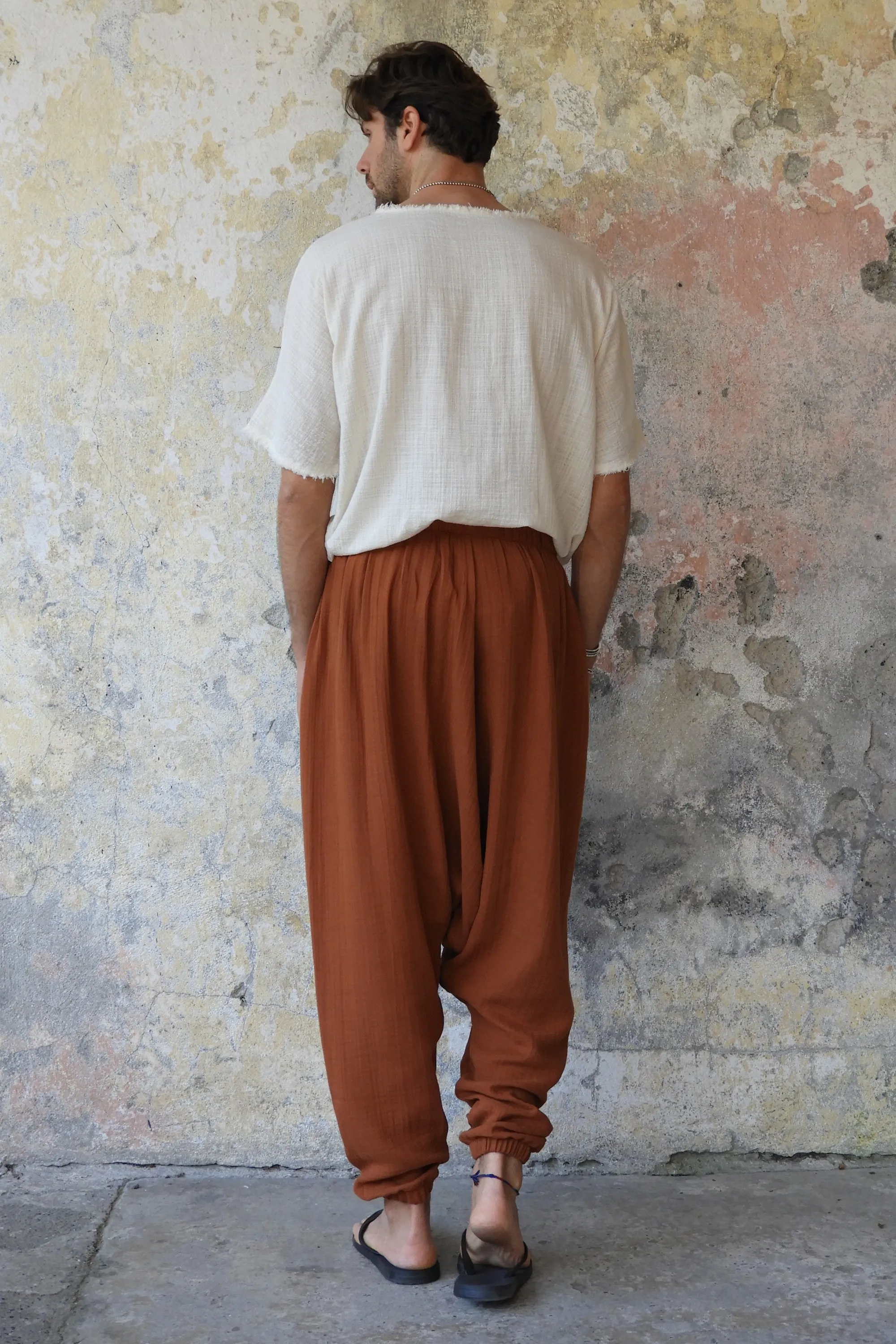 TRIBAL Men's Gauze Cotton Harem Pants (Brown, Gray)