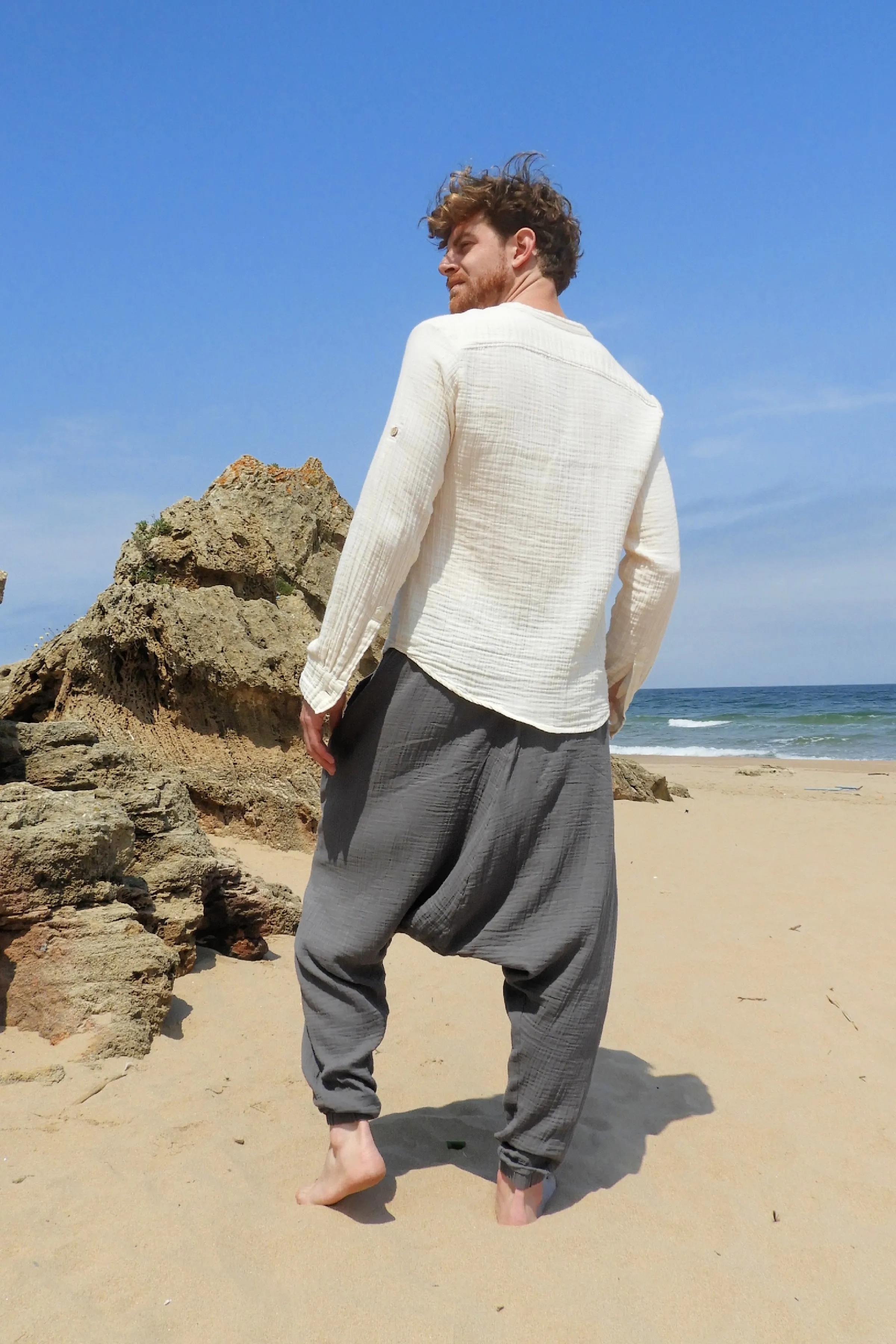 TRIBAL Men's Gauze Cotton Harem Pants (Brown, Gray)