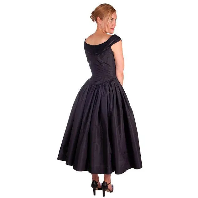 Vintage Dress 1950s Midnight Blue Silk Taffeta By Rudolf Full Skirt 38-26-Free