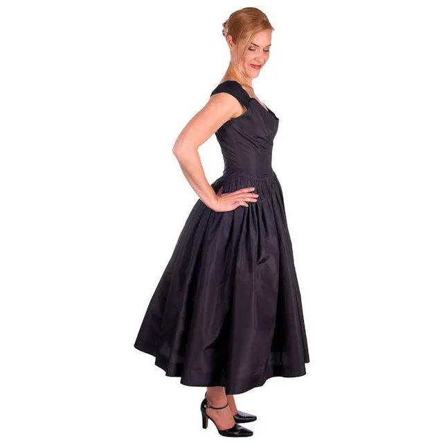 Vintage Dress 1950s Midnight Blue Silk Taffeta By Rudolf Full Skirt 38-26-Free