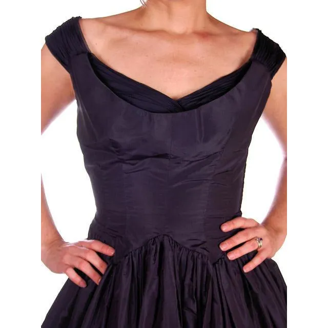 Vintage Dress 1950s Midnight Blue Silk Taffeta By Rudolf Full Skirt 38-26-Free