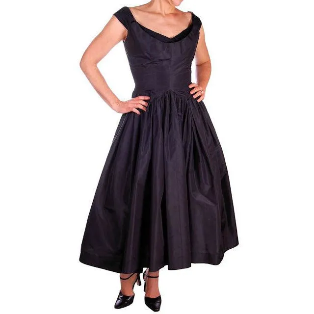 Vintage Dress 1950s Midnight Blue Silk Taffeta By Rudolf Full Skirt 38-26-Free