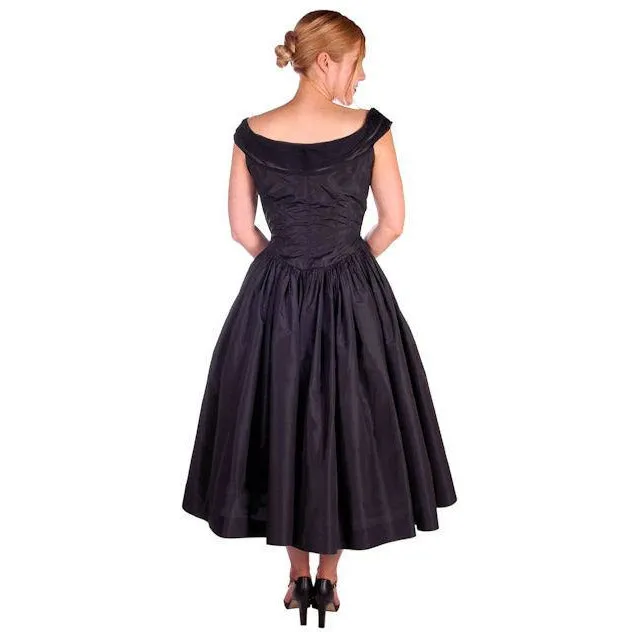 Vintage Dress 1950s Midnight Blue Silk Taffeta By Rudolf Full Skirt 38-26-Free