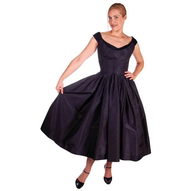 Vintage Dress 1950s Midnight Blue Silk Taffeta By Rudolf Full Skirt 38-26-Free