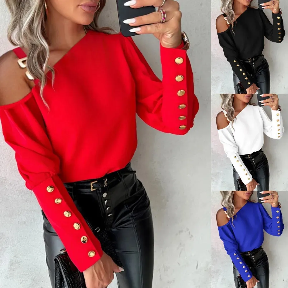 Women's Off Shoulder Chain Shirt Blouse Fashon Skew Collar Long Sleeeve Shirts For Women 2024 White Sexy Button Office Tops