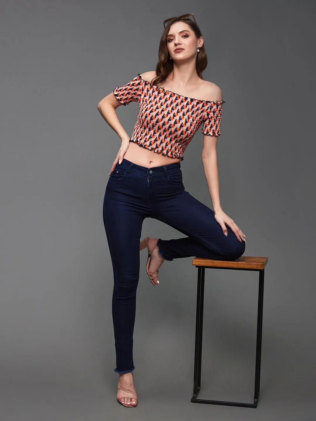 Women's Orange And Navy Bardot Half Sleeve Geometric Patterned Off Shoulder Smocked Crepe Crop Top
