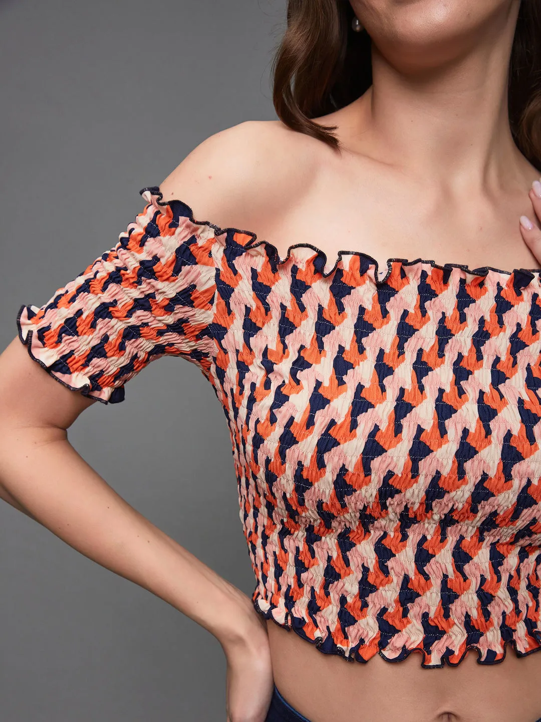 Women's Orange And Navy Bardot Half Sleeve Geometric Patterned Off Shoulder Smocked Crepe Crop Top
