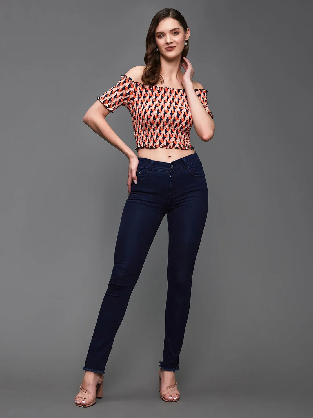 Women's Orange And Navy Bardot Half Sleeve Geometric Patterned Off Shoulder Smocked Crepe Crop Top