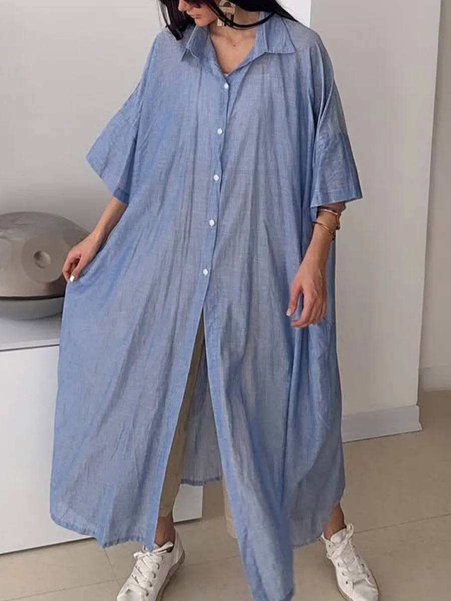 Women's Solid Color Lapel 3/4 Sleeve Loose Casual Linen Long Shirt Dress