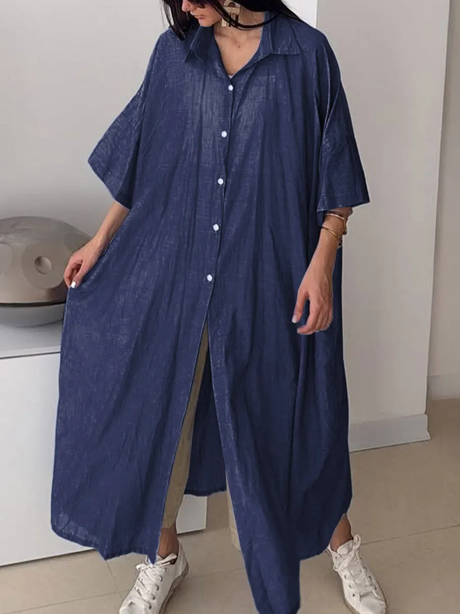 Women's Solid Color Lapel 3/4 Sleeve Loose Casual Linen Long Shirt Dress