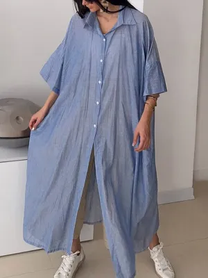 Women's Solid Color Lapel 3/4 Sleeve Loose Casual Linen Long Shirt Dress