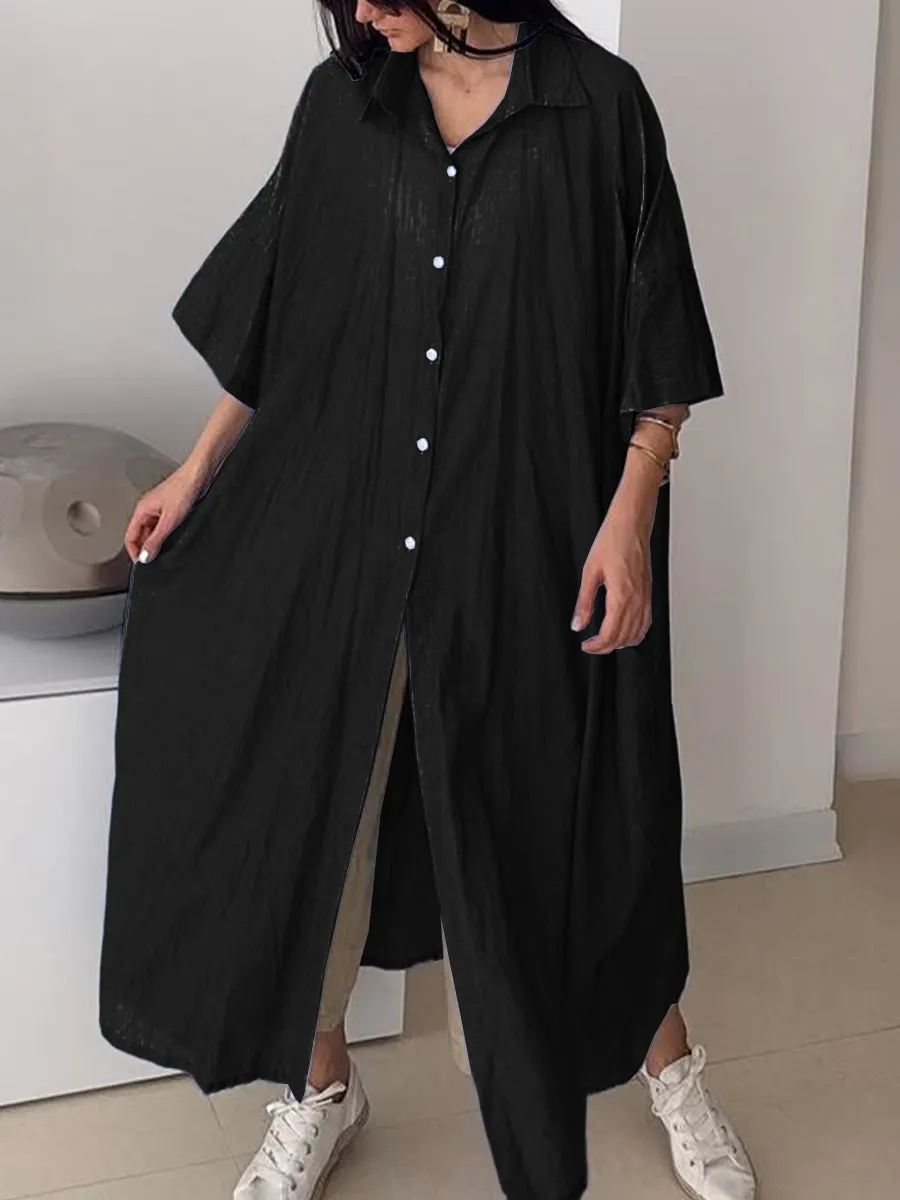 Women's Solid Color Lapel 3/4 Sleeve Loose Casual Linen Long Shirt Dress