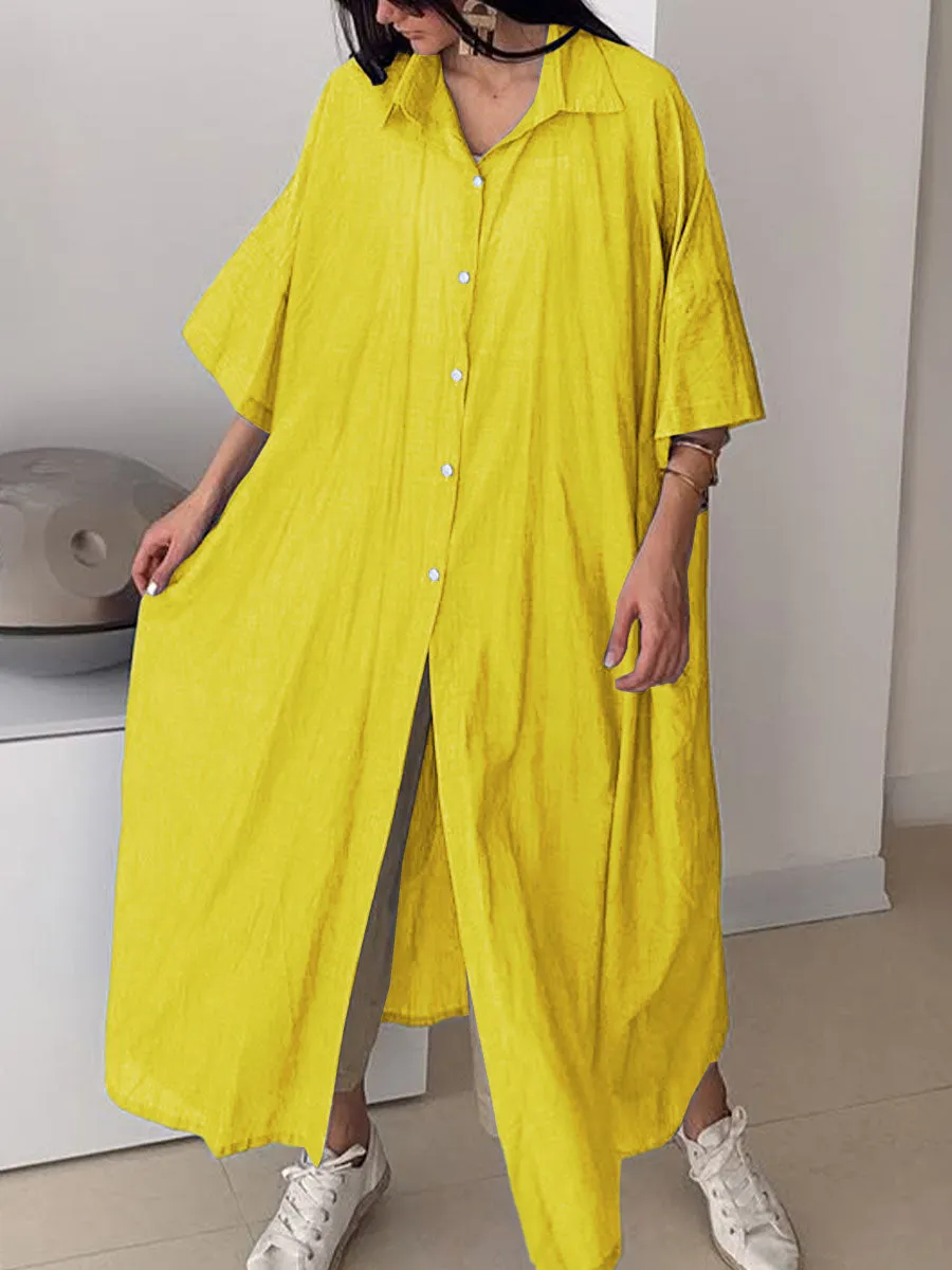 Women's Solid Color Lapel 3/4 Sleeve Loose Casual Linen Long Shirt Dress