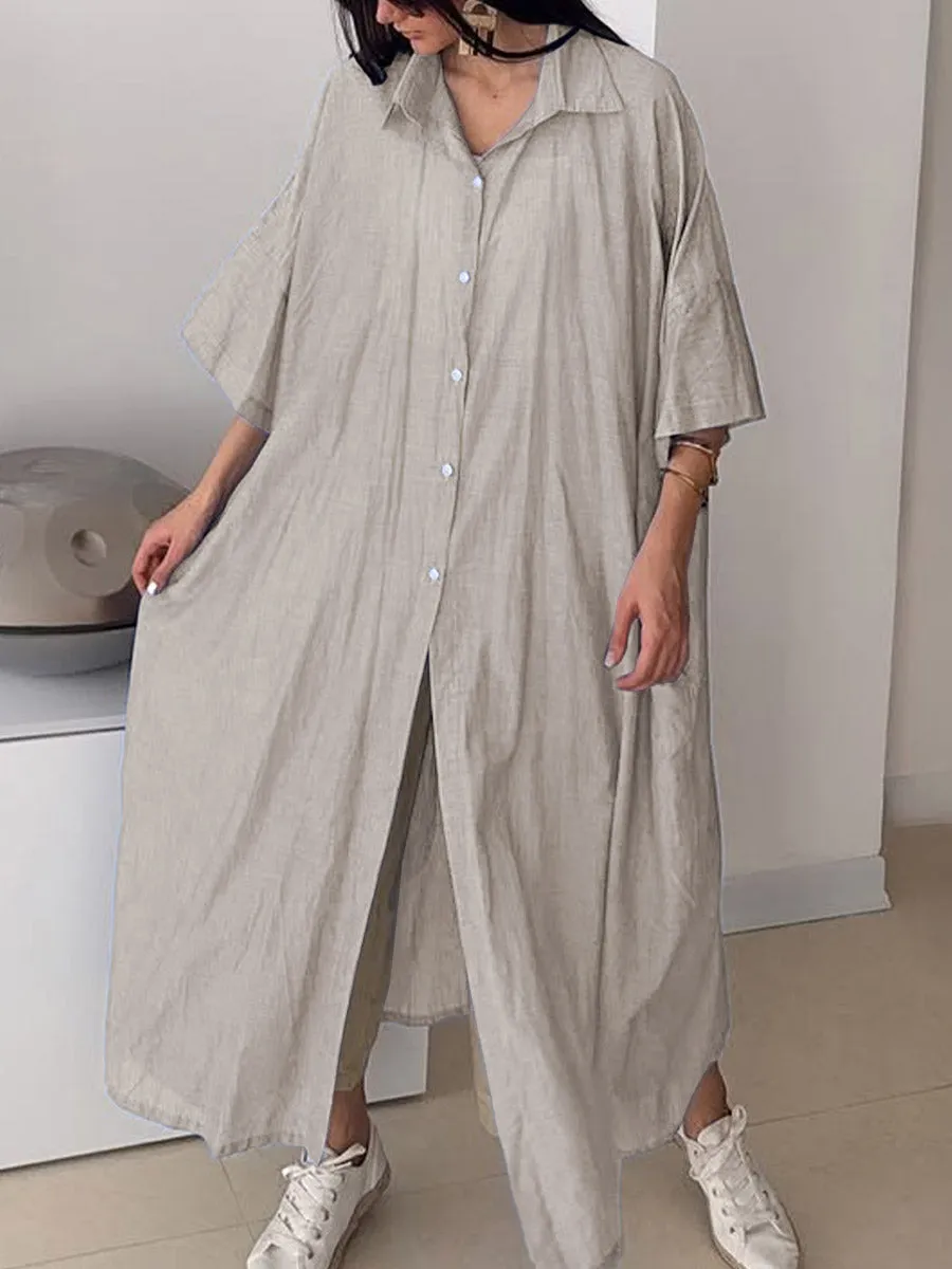 Women's Solid Color Lapel 3/4 Sleeve Loose Casual Linen Long Shirt Dress