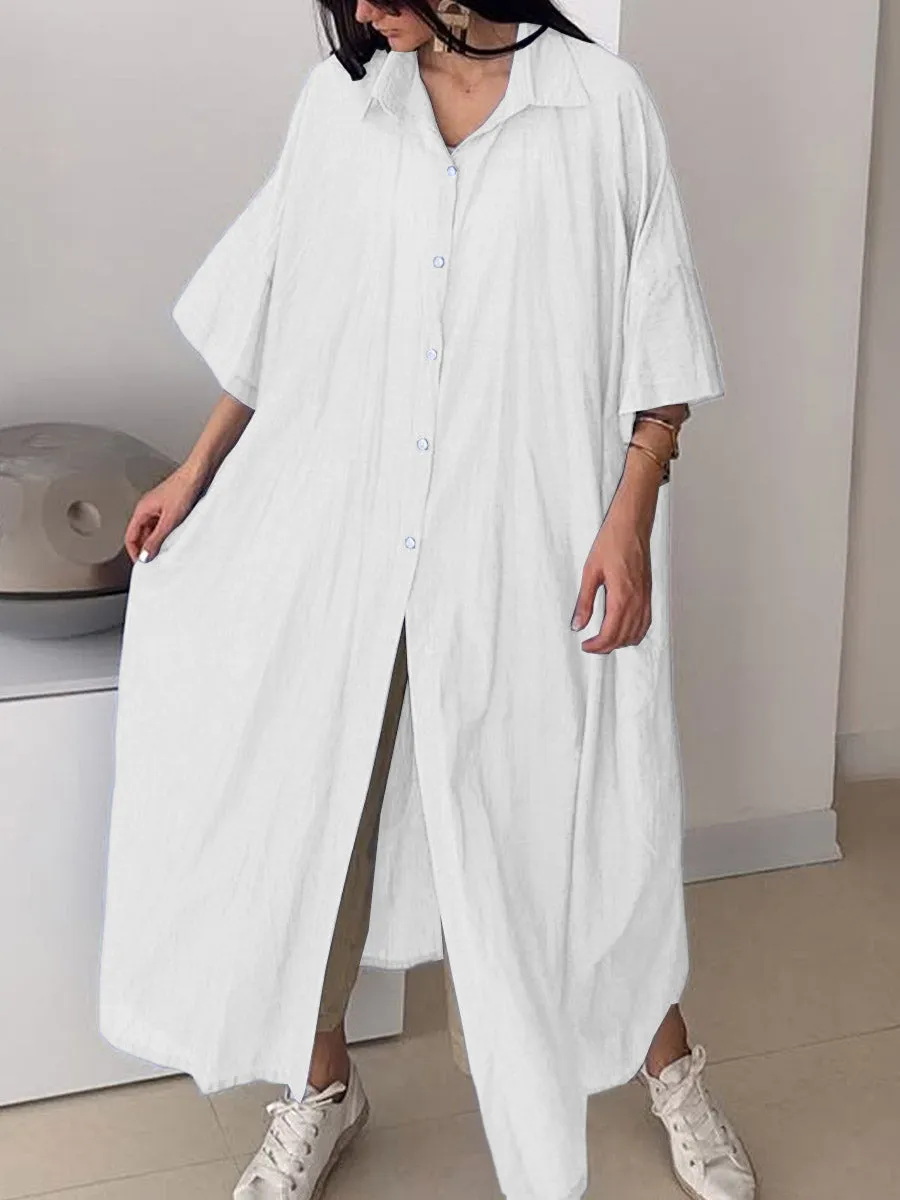 Women's Solid Color Lapel 3/4 Sleeve Loose Casual Linen Long Shirt Dress