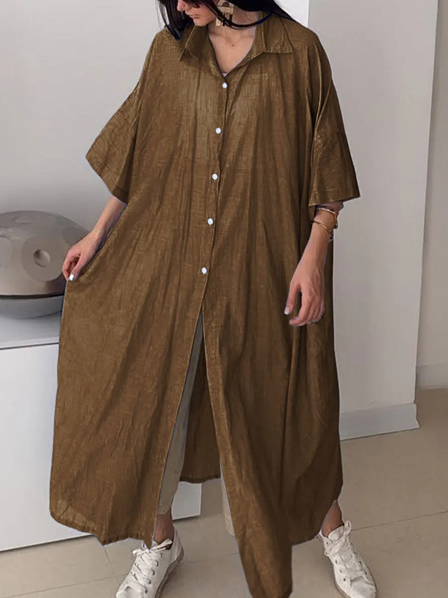 Women's Solid Color Lapel 3/4 Sleeve Loose Casual Linen Long Shirt Dress