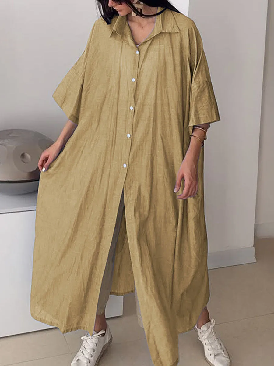 Women's Solid Color Lapel 3/4 Sleeve Loose Casual Linen Long Shirt Dress