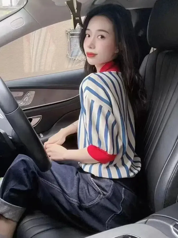 Women's Striped Polo Shirt – Cute Kawaii Button Tee | Trendy 2025 Luxury Youth Fashion