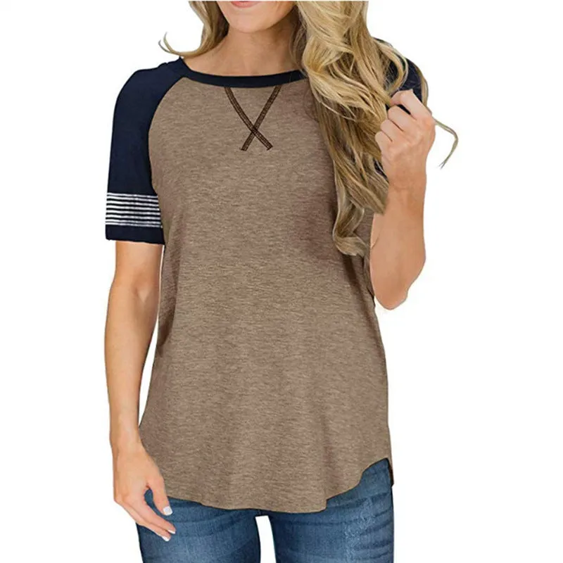 Women's summer short-sleeved stitching round neck casual T-shirt , raglan sleeves loose Tops