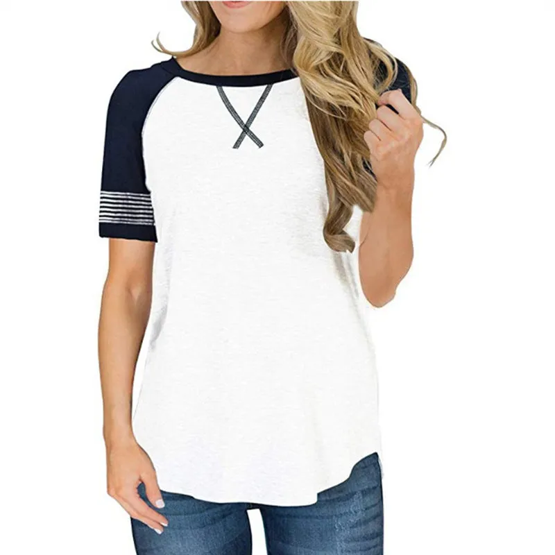 Women's summer short-sleeved stitching round neck casual T-shirt , raglan sleeves loose Tops