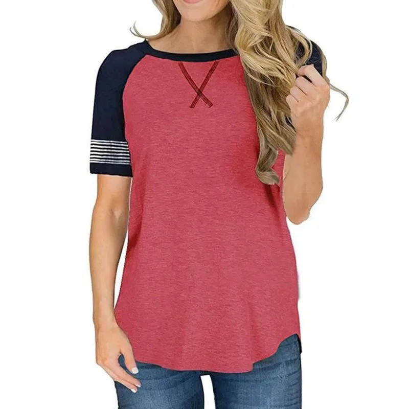 Women's summer short-sleeved stitching round neck casual T-shirt , raglan sleeves loose Tops