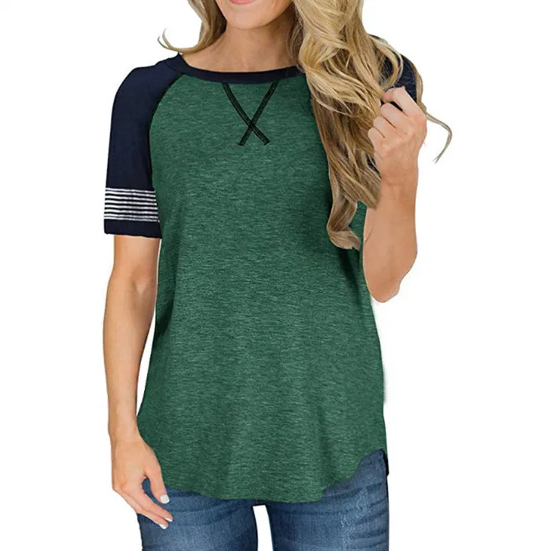 Women's summer short-sleeved stitching round neck casual T-shirt , raglan sleeves loose Tops