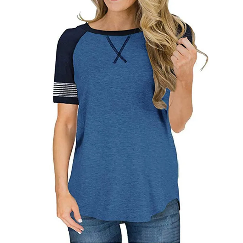 Women's summer short-sleeved stitching round neck casual T-shirt , raglan sleeves loose Tops