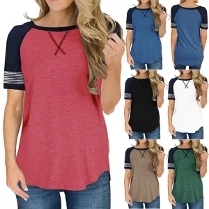 Women's summer short-sleeved stitching round neck casual T-shirt , raglan sleeves loose Tops