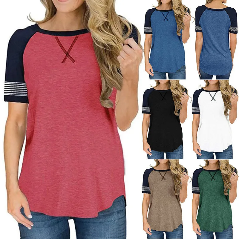 Women's summer short-sleeved stitching round neck casual T-shirt , raglan sleeves loose Tops